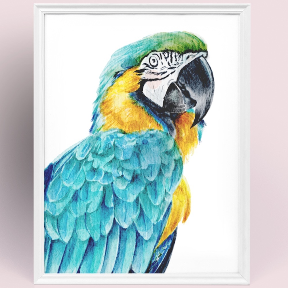 Blue Macaw Parrot Bird Watercolor Wall Art Print Poster Unframed - Picture 7 of 8